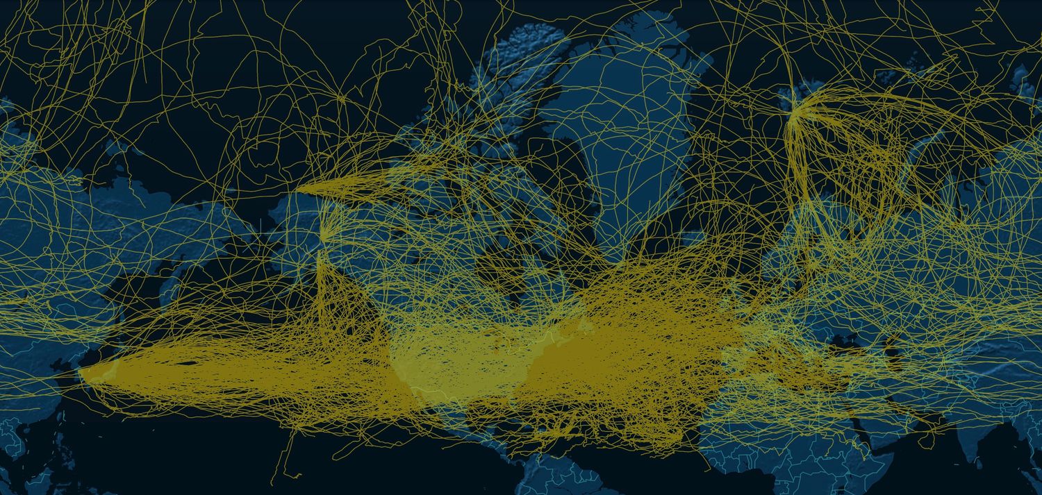 Map of hundreds of WindBorne's flights, covering the entire northern hemisphere