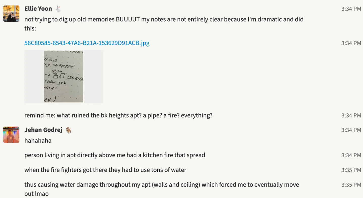 Chat screenshot in which teammates discuss a plumbing emergency and share a handwritten note.