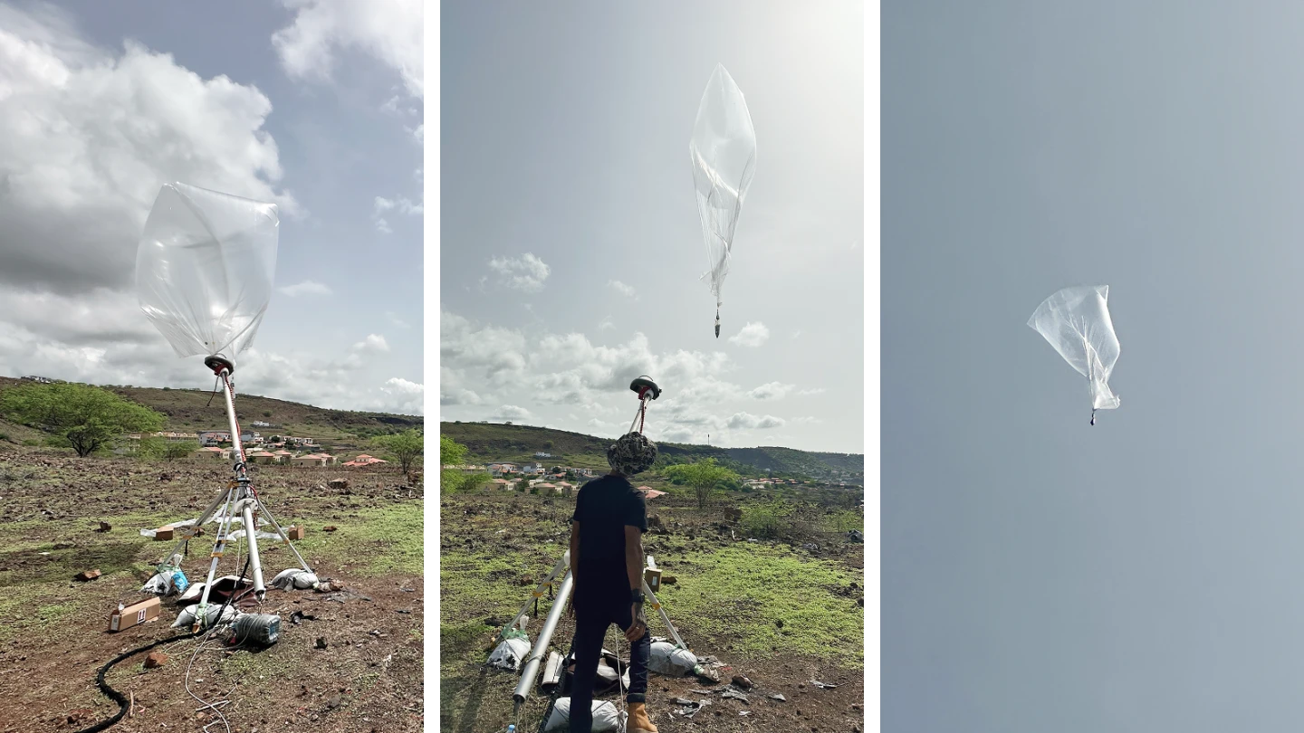 Three-photo sequence of a weather-balloon launch at the Cape Verde site.
