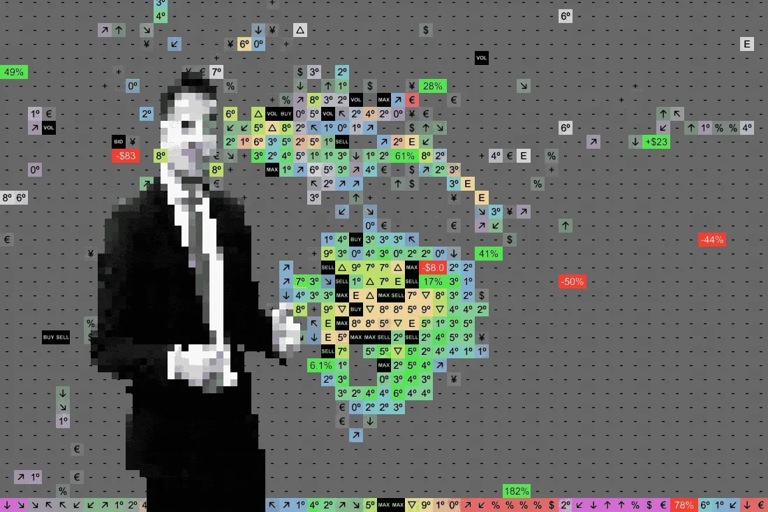 A monochrome figure surrounded by a colorful grid of numbered squares.