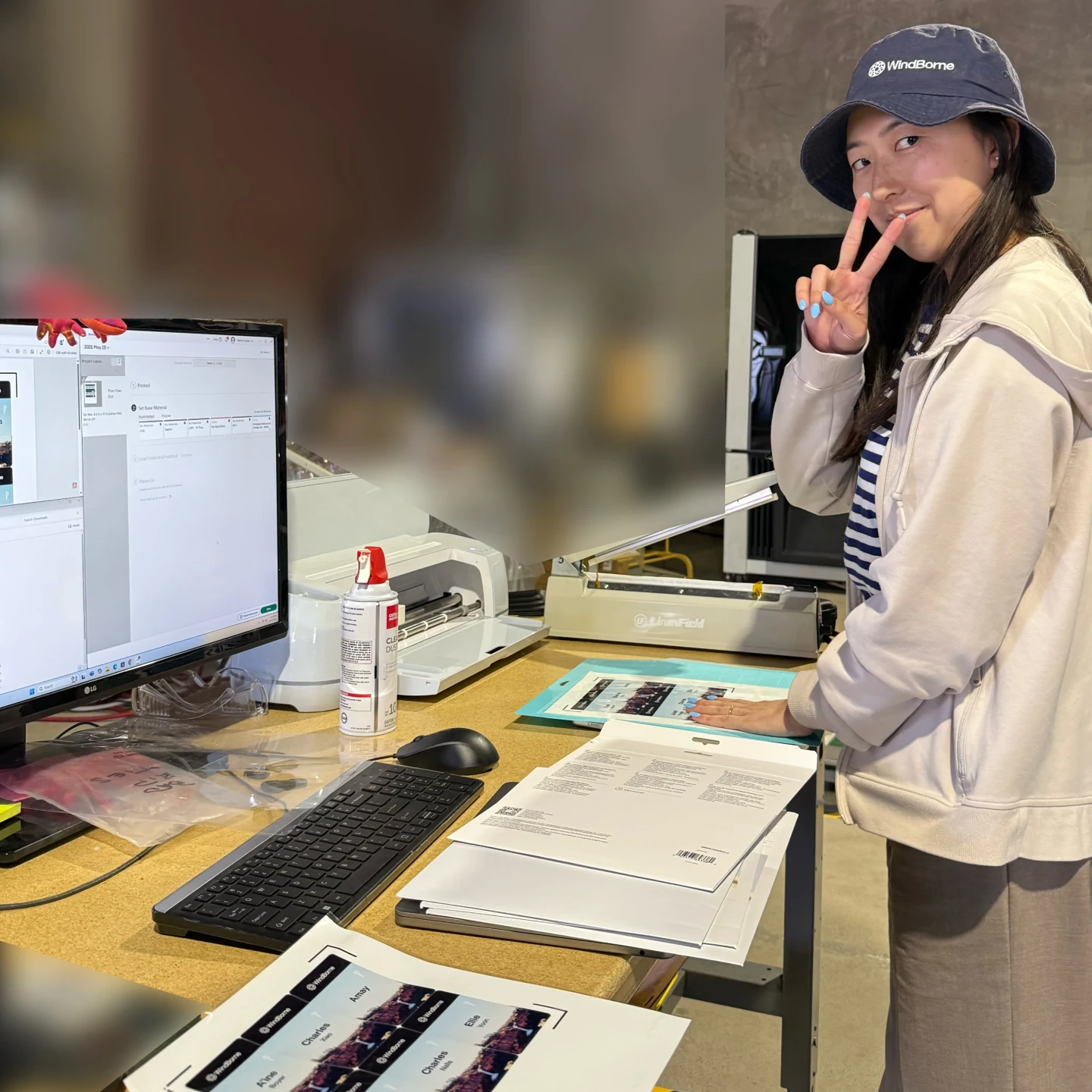 A WindBorne designer (Julea) demonstrating how to create custom badges with a Cricut.