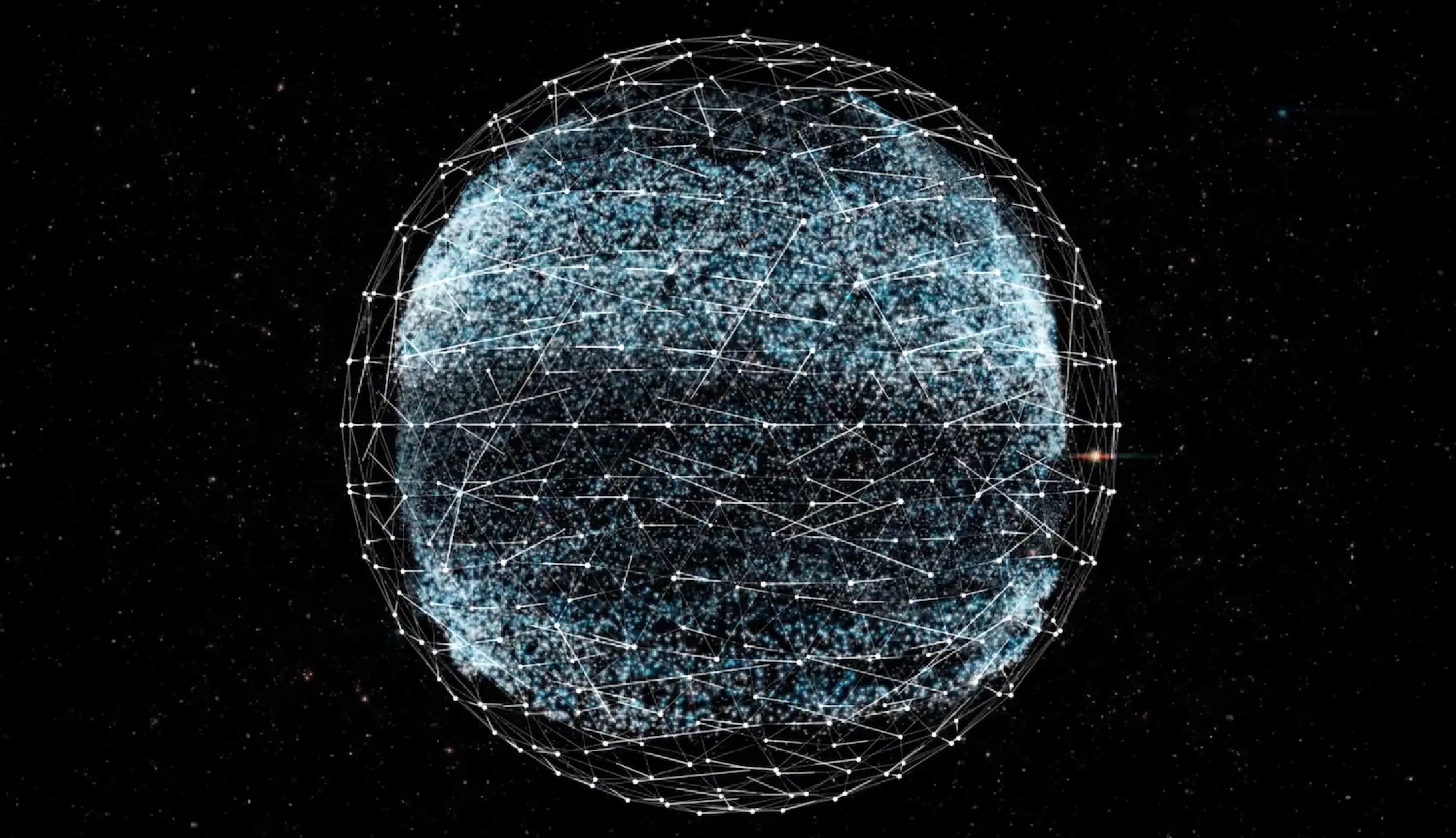 A blue globe-like network of densely connected points and lines on a black background.