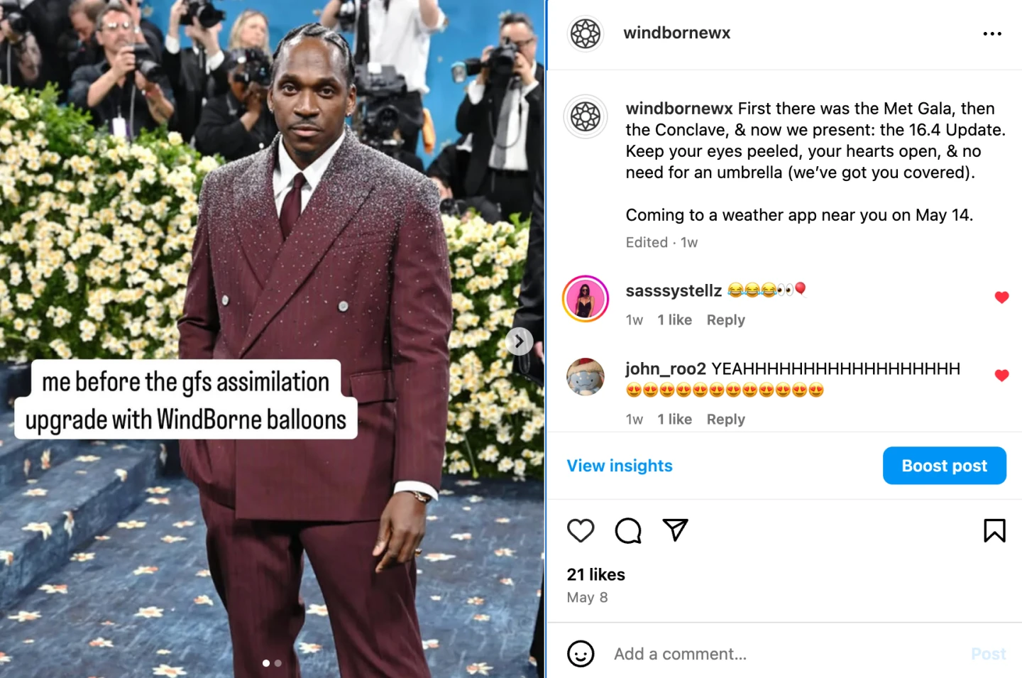 Instagram post mockup pairing a Met Gala photo with a joke about improved weather forecasts.