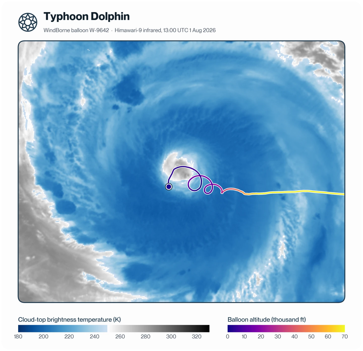 Infrared satellite image of Typhoon Dolphin at 13:00 UTC on 1 August 2026, showing a symmetric, tightly wound typhoon with a distinct eye surrounded by a thick ring of cold cloud tops. A WindBorne balloon track comes in from the east at about 65,000 feet, descends near the storm's core, and then loops around the eye several times while descending further. Its last position is at the southwest edge of the eye.