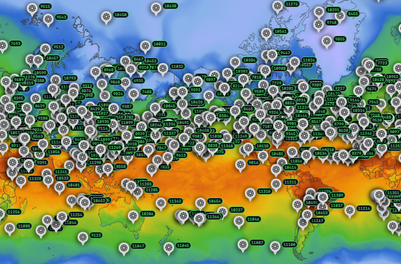 A map of WindBorne balloon locations overlaid on global temperatures in October 2026