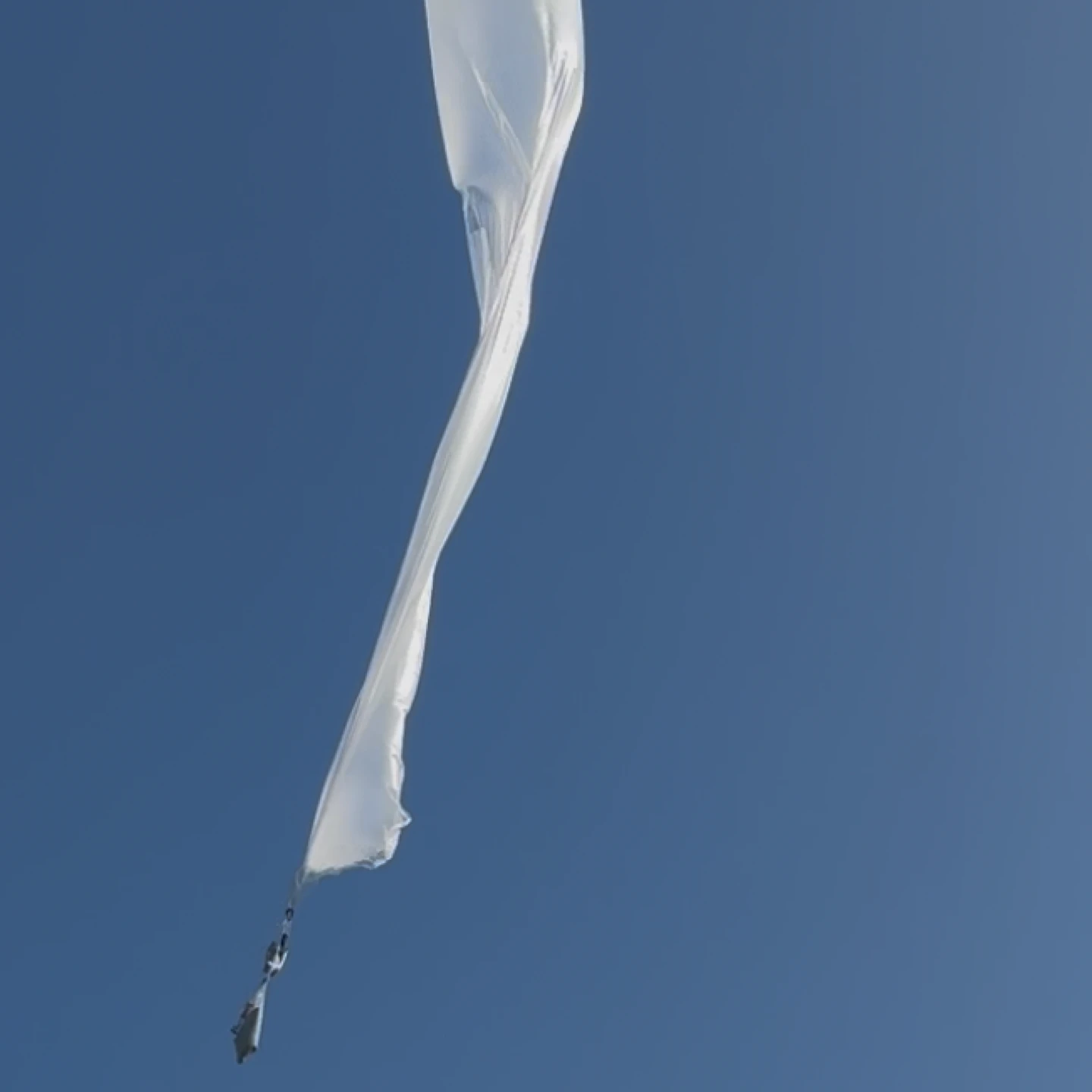 A WindBorne weather balloon rises into a clear blue sky.