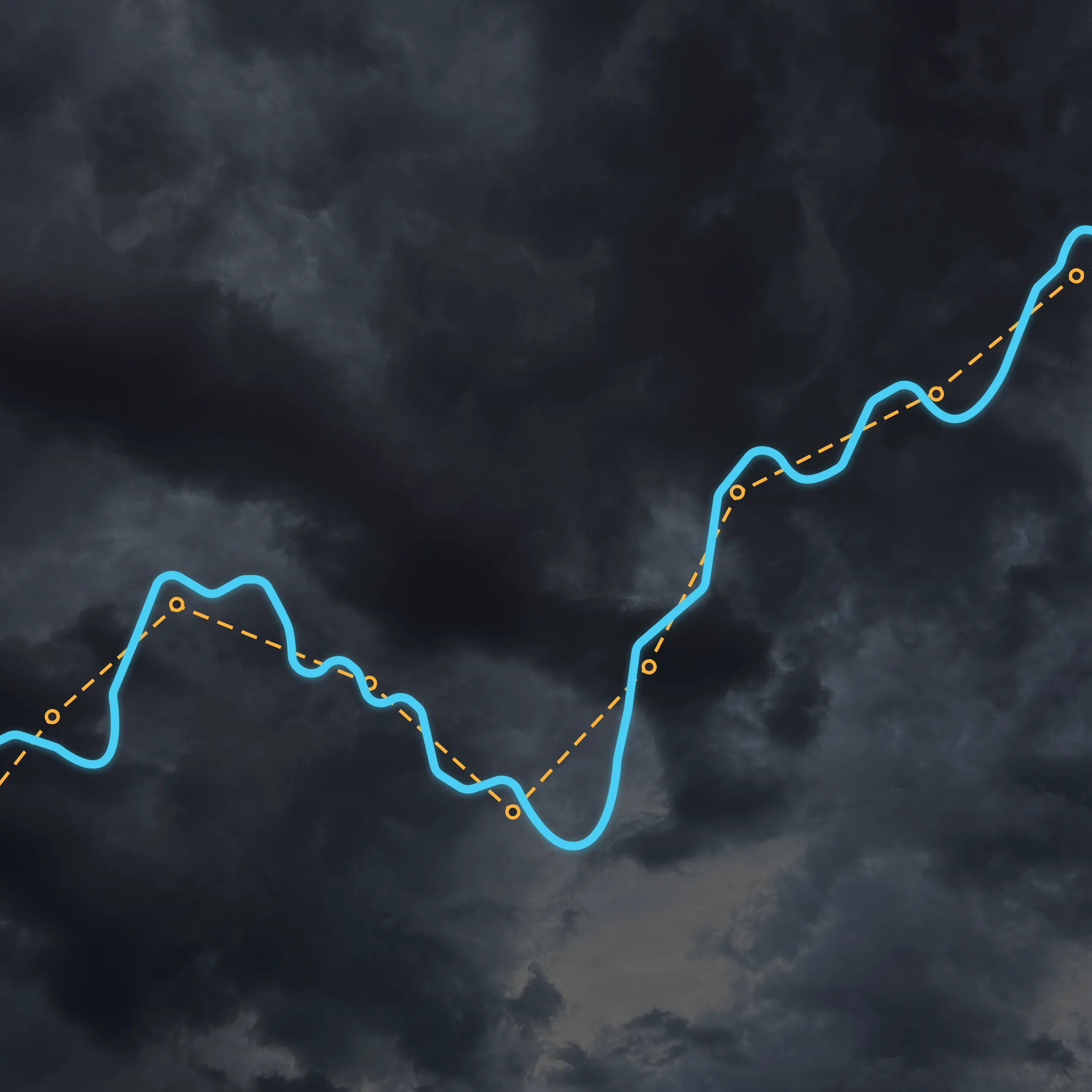 A continuous blue forecast signal compared with a dashed gold forecast line over a dark cloud background