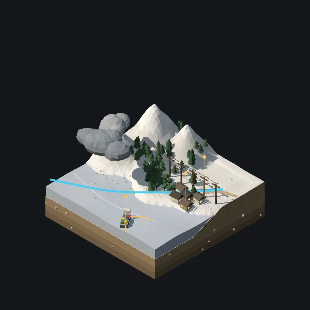 The same landscape showing storm impacts, power outages, and a ship rerouting around the weather