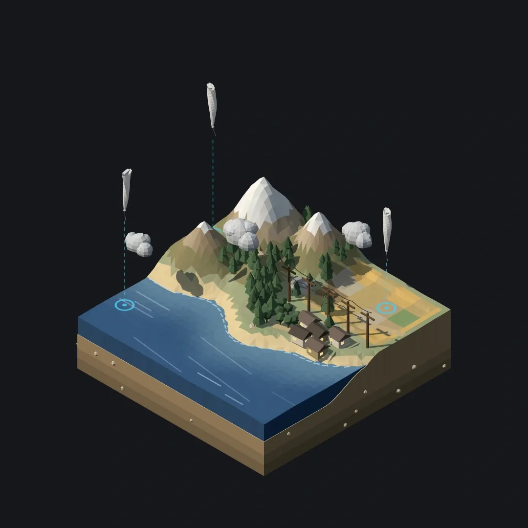 WindBorne balloons collecting observations above an isometric coastal and mountain landscape
