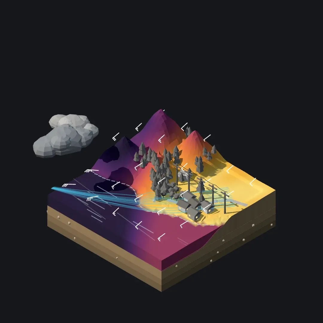 The same landscape with a temperature forecast, wind patterns, and an approaching storm