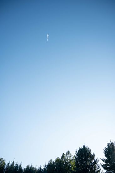 The balloon, now a small speck, rising high above the treetops.