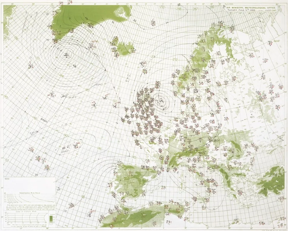 Air Ministry Meteorological Office surface chart for 1300 GMT on Tuesday, June 6, 1944, covering the North Atlantic and Europe: hand-drawn isobars circle a deep low between Greenland and Iceland and a smaller low over the North Sea, and hundreds of station reports crowd Britain and northern France, with more scattered across the ocean